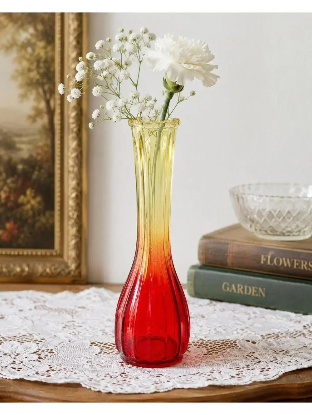 Vintage Jeannette Amberina Glass Red to Amber Ribbed Bud Vase MCM